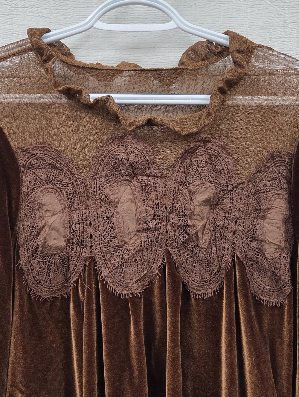 Brown Stretch Velvet Lace Yoke Mini Dress Medium - Picture 5 of 9